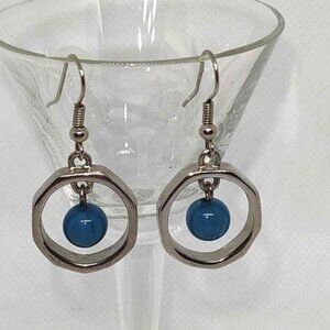 Silvertone Dangle Hoop Earrings Turquoise Blue Bead Pierced Boho Gypsy